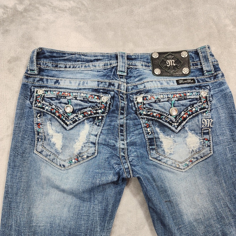 Miss Me Jeans Womens 28 Blue‎ Low Rise Signature Boot Embroidered Rhinestone